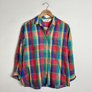 VTG Diane Von Furstenberg Rainbow Plaid Cotton Blend Button Up Shirt Top 14 L